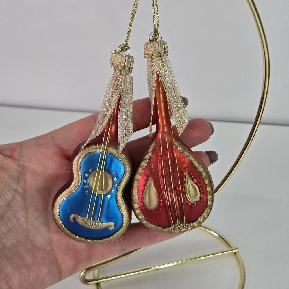 VTG Mercury Glass Hand Painted Mandolin Music Instruments Guitars ‎ Red Blue MCM